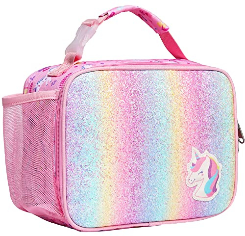 Bagseri Kids Lunch Bag for Girls - Insulated Kids Lunch Box for School | Water Bottle Pocket, Leak-Proof, Clip-on Handle, Kids Cool Bag for Packed Lunches, Picnics, Days out, Glitter Pink Unicorn