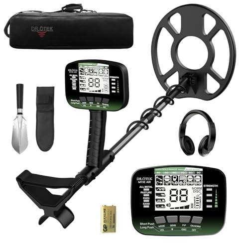 DR.ÖTEK Metalldetektor Profi Set für Erwachsene Anfänger, Aktualisierter 6 Modi Leicht Metalldetektor, 3 Terrain-Modus mit Pinpoint, IP68 wasserdichte Suchspule, Metal Detector Kit mit Zubehör, Grün