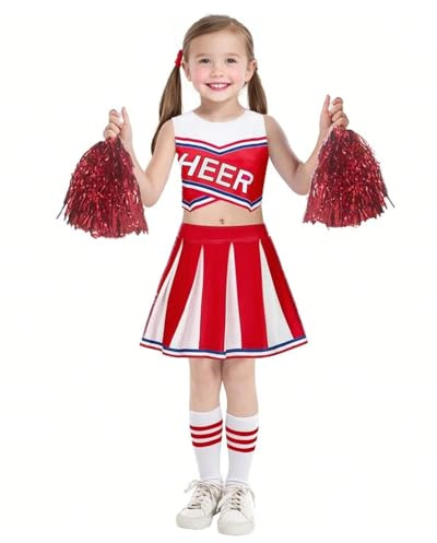 JiAmy Cheerleader Kostüm Kinder, Schulspiel Cheerleading Uniform Halloween Fancy Dress Up Outfit für 4-12 Jahre
