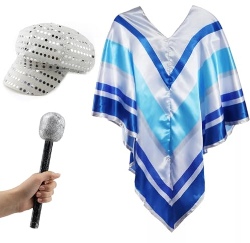 70-tals Disco Pop Star kostym – blå poncho, silver paljetthatt & glitter mikrofon – rolig maskeradklänning för eurovision, karaoke, svensexa och temafester