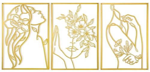 Wonninek Goldene Wand Deko 3 Stück, 28 x 38 cm Metall Linien Kunst Wanddeko Schlafzimme, 3D Wandbilder Schlafzimmer, Goldene Raumdekorationen für Zuhause, Wohnzimmer, Büro, Café, Galerie