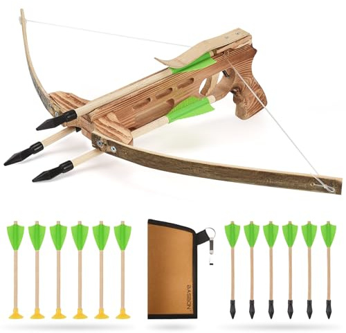 Juego de juguetes de ballesta para niños con 12 flechas de madera y carcaj, accesorio de disfraz de tiro con arco, accesorio de cosplay, divertido regalo de juego de rol para Halloween y fiestas