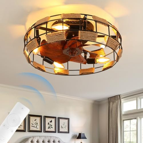 Deckenventilator Mit Beleuchtung Vintage Hanfseil Deckenventilator Licht Retro Deckenleuchte Ventilator ​leise Reversibel Schlafzimmerlampe Mit Fernbedienung Timing Wohnzimmer Esszimmer Beleuchtung