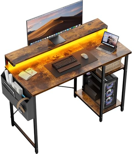 SOLAVERO LED Escritorio 100 x 48 cm, Mesa Escritorio Pequeña con Soporte de Monitor, Mesa Ordenador con Bolsa de Almacenaje, Estante Ajustables, para Oficina en Casa, Estudio y Juegos, Marrón
