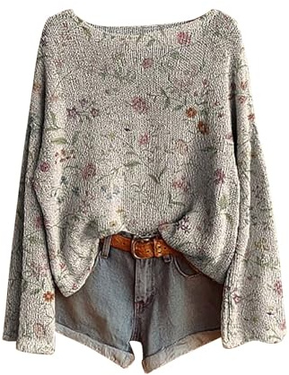 Générique Pull Tricoté Femme Grande Taille Col en Rond Vintage Bohème Sweater Imprimé Leger À Manches Longues Pullover Tricot Chemisier Casual De Mode Haut Automne pour Sortir Au Quotidien