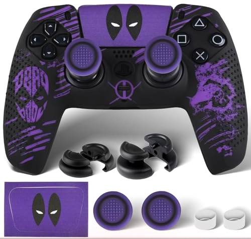 PlayRealm Silicone Skin Cover Sticker x 1 & Extender Grips x 2 for PS5 Controller Deapool Purple