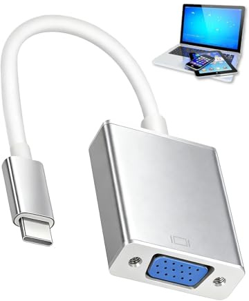 Adapter USB C auf VGA, kompatibel mit Thunderbolt 3/4, männlich auf weiblich, Auflösung 1920 x 1200 für MacBook Pro/Air, iPhone 15 Plus Pro Max, Gehäuse aus Aluminium, Multimedia-Zubehör
