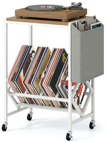 COSTWAY Supporto per Giradischi, Porta Dischi Vinili in Legno e Metallo, Mobile con Tasca Organizer e Ruote, Fino a 200 Album, per Soggiorno, Studio e Camera da Letto (Naturale + Bianco)