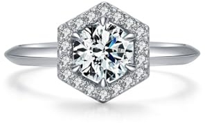 Ayoiow Gold 585 Ringe für Damen, Laborgezüchteter Diamant Halo-Hexagon Vorsteckring Weißgold 585, 14 Karat Weißgold Größe 54 (17.2)