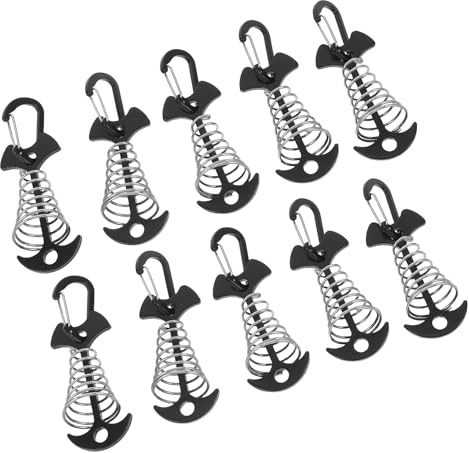 Zerodeko 10 Clavijas para Tiendas de Campaña en Forma de Espina de Pescado con Hebilla de Resorte, Estacas de Aluminio Negras para Anclaje Resistente al Viento en Camping y Toldos al Aire