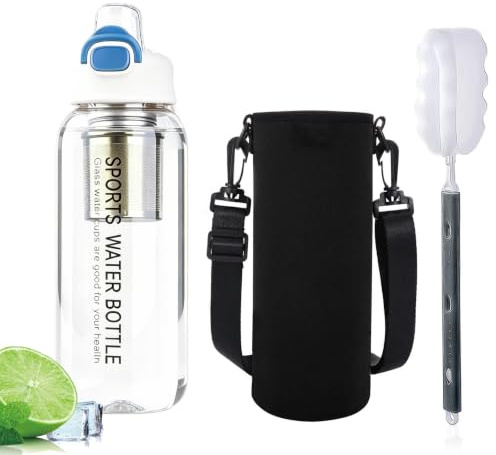 CEWROM Trinkflasche Glas, Glasflasche mit strohhalm Filter,Transparent Borosilicate GlasWasserflasche, Auslaufsichere Sportflasche, Trinkflasche Spülmaschinenfeste (Weiß, 1.5, Liter)