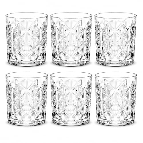 MundoTarros Pack de 6 Vasos Whisky 330 ml, Vasos de Cristal Tallado Transparente con Relieve Geométrico, Vasos Bajos para Ron, Licores, Cócteles, Agua y Refrescos, Apto Lavavajillas