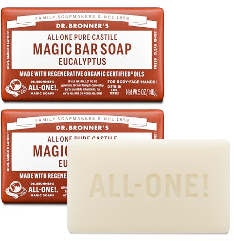 Dr. Bronner's Pure-Castile Magic Bar Soaps - Made with Regenerative Organic Certified Oils - For Face, Body, Hair- Vegan Soap Bars for Men & Women - Eucalyptus 2 pack, 5 oz