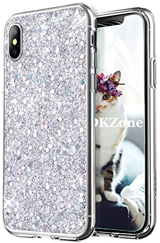 OKZone Coque iPhone X, Mince Étui en Silicone Souple Paillette Strass Brillante Bling Bling Glitter de,TPU Bumper Housse Etui de Protection pour Apple iPhone X 5,8 Pouces (Argent)