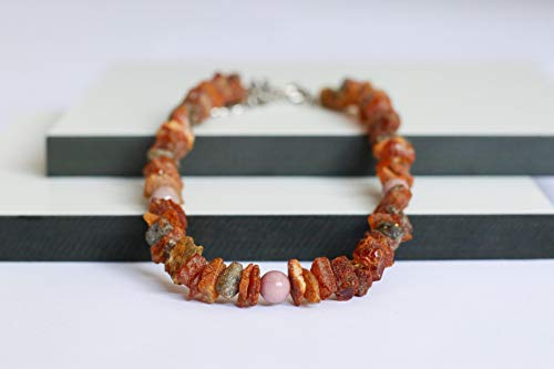 Bernsteinkette für Hunde aus Roh Baltischer Bernstein mit Rhodonit verziert | Zeckenhalsband | Bernstein Gegen Zecken | Zecken und Flohschutz Halsband (25-30 cm)