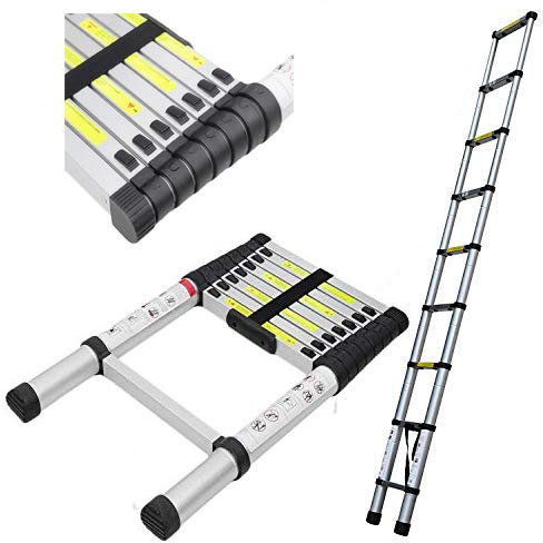 2.6M/8.5FT Extension Foldable Telescopic Ladder Aluminum Straight Telescoping Ladder Extendable Steps EN 131 Max Load 150kg/330lb