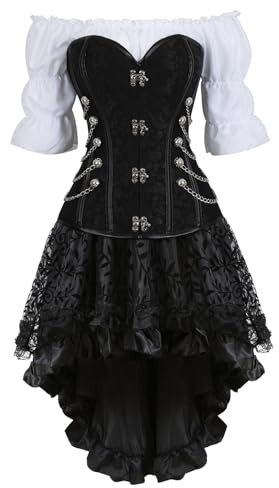 Vestidos Corset Steampunk muje Bustier Sexy gotico Pirata Bordado Cuero Corsé y Falda Tutú Blanco Blusa Fiesta 3 Piezas Negro M
