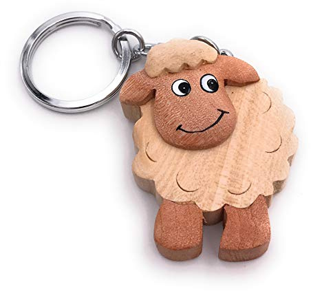 Onwomania Porte-clés en bois pendentif mouton moufflon animal lumineux en laine breloque