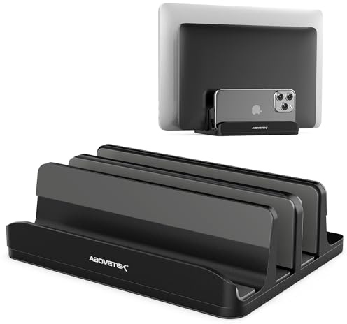 AboveTEK Vertical Laptop Stand 3 Slots for Computer, Tablet, Phone - Fits All Laptop Models (up to 17.3) - Heavy Duty Polished Aluminum Desktop Holder - Anti Slide Silicone Grips - Black