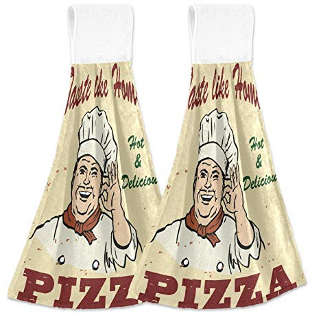 Handtücher für Küche Vintage Pizza Schild Hängende Krawatte Handtücher und Geschirrtücher Sets mit Schlaufe 2 Stück Sets Italienischer Chef Küssende Finger mit Text Taste Wie Home Pizza