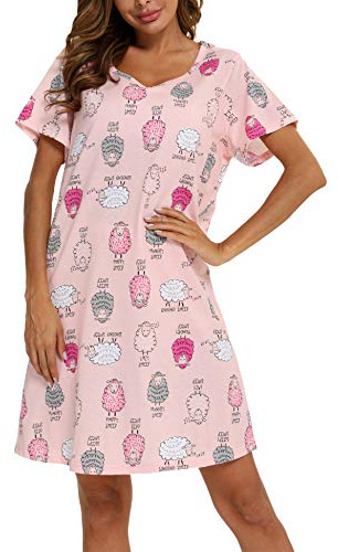 ENJOYNIGHT Camicia da Notte Donna Cotone Vestaglia Estiva Manica Corta Pigiama da Casa Casual da Notte(Medium,Pecora)