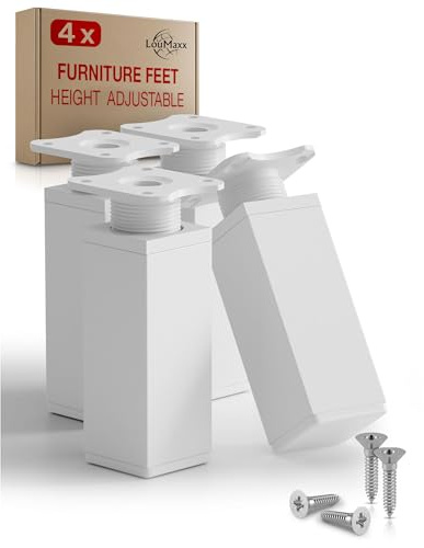 LouMaxx Furniture Legs 4pc Set 40x40x100mm White Square - Adjustable Cabinet Legs with Mounting Plate - Height Adjustable Legs for Cupboard Units