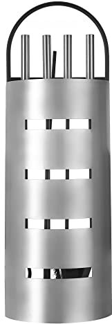 LIVIVO 5 Piece Fireplace Tools Set – Heavy Duty Steel Fire Companion Kit with Stand, Tongs, Brush & Shovel – Modern Fire Side Accessory for Indoor or Outdoor Fireplace, Chiminea, Firepit – Silver