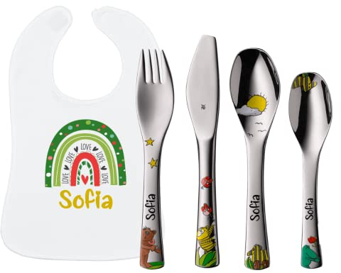 Taufgeschenk für Jungen + Mädchen: WMF Janosch Kinderbesteck mit Gravur + Lätzchen mit Namen Rainbow