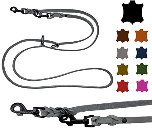 Hundeleine Fettleder kleine Hunde/große Hunde SCHWARZER Haken 2m / 2,40m / 2,80m / 3,50m / 5m Doppelleine verstellbar (3,50m X 8mm, Grau)