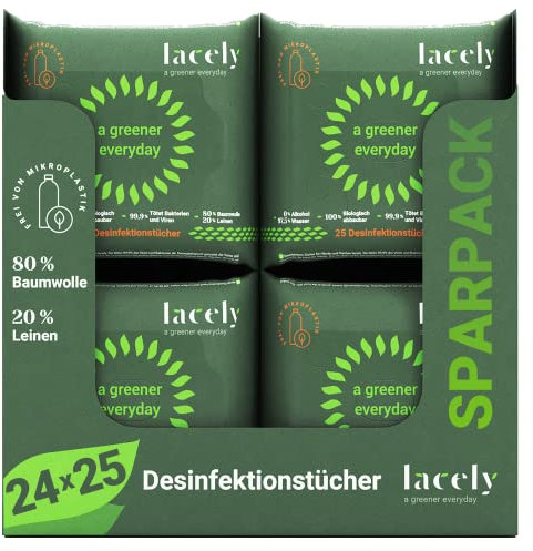 lacely Desinfektionstücher aus Baumwolle & Leinen, ohne Alkohol, für Hände und Oberflächen, beseitigen 99,9% der Viren, Bakterien und Pilze | biologisch abbaubar | 24er Pack x 25 Tücher