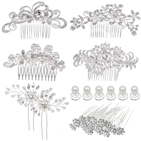 inSowni 32 Pack Silver Wedding Hair Side Combs Slides+U-shaped & Twist Spiral Bridal Hair Pins Headpieces Clips Barrettes Rhinestones Pearls Hair Accessories for Women Girls Brides Bridesmaids