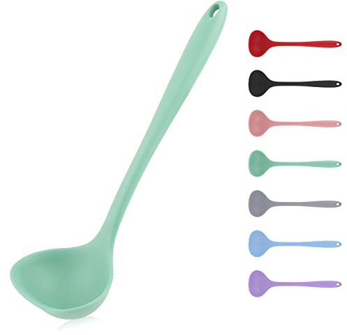 Green Silicone Non-stick Soup Spoon with Non-slip Handle - Small Gravy Ladle