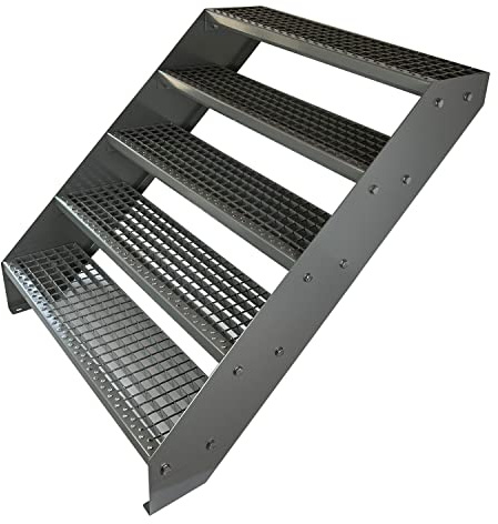 Premium Caillebotis acier Escalier à limon 5 Marches Entièrement galvanisé et Argenté Revêtu par poudre - Dimensions (L x l x H) 101cm x 60cm x 95cm