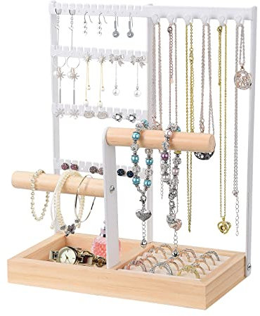 ADWOLT Jewellery Stand Organiser,Necklace Holder,4-Tier Jewelry Tower Rack Necklace Stand Display with Earring Tray and Holes, Necklaces Hanging Holder for Bracelets Watches Earrings Rings (White)