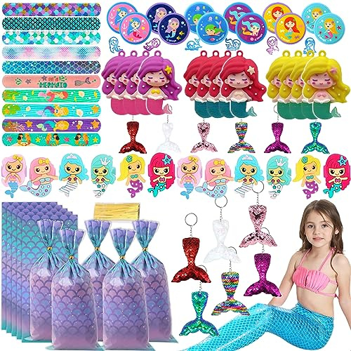 Dream HorseX 72 Stück Meerjungfrau Party Mitgebsel, Meerjungfrau Geburtstag Deko, Meerjungfrau Party Set, Ringe Schlüsselanhänger Kinderbriefmarken Armbänder, Meerjungfrau Party Taschen