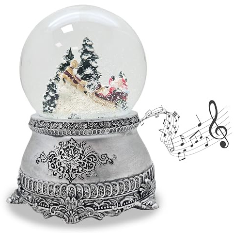 Schneekugel Weihnachten Spieluhr | Weihnachtsmann im Schlitten | Sockel Zinnoptik | Musik | Höhe 140mm, Breite 100 | Weihnachtsmelodie | 20308