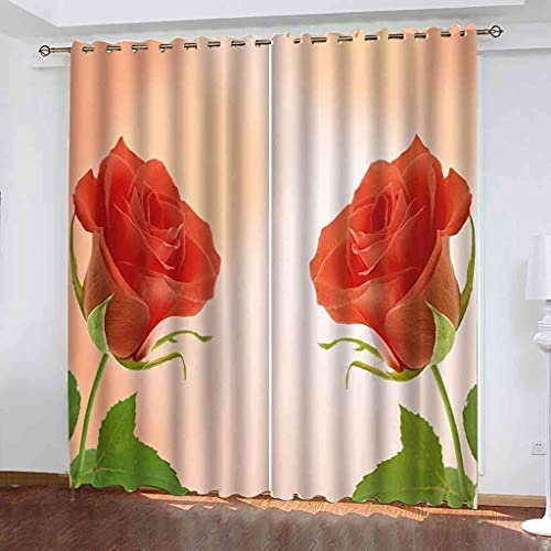 Vorhang Blickdicht Gardinen Mit Ösen - 2 Stücke 140(B) X160(H) cm Verdunklungsvorhänge 3D Roter Rosenstrauß Muster Thermovorhang Für Kinderzimmer Schlafzimmer Weihnachtsgardinen