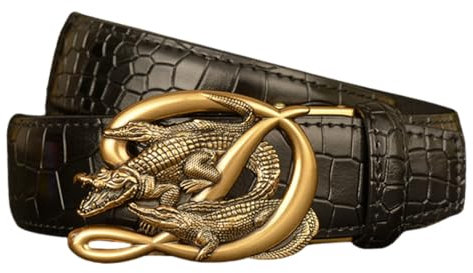 NALANY Handgemachter Herren Schwarzer Ledergürtel Gürtel Mit Krokoprägung Gravierter Tiere Alligator Slide Ratsche Automatikschließe Geprägter Taillenriemen(125cm/49, Gold)