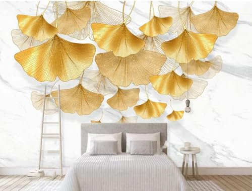 Fototapete Blumen 3D Tapeten 3D Effekt Wohnzimmer Schlafzimmer Vliestapete Handgemalte Pflanze Goldene Ginkgoblätter Natur Grau Graffiti Steinoptik Kinder Tapeten