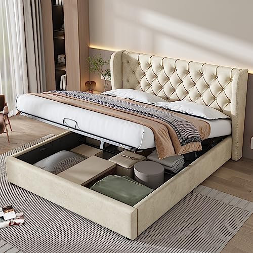 HESHU Polsterbett 180x200 cm, Doppelbett mit Hydraulisch Bettkasten, Funktionsbett mit Stauraum, Bettgestell mit Lattenrost, Jugendbett Erwachsenenbett, Samt, Beige, ohne Matratze