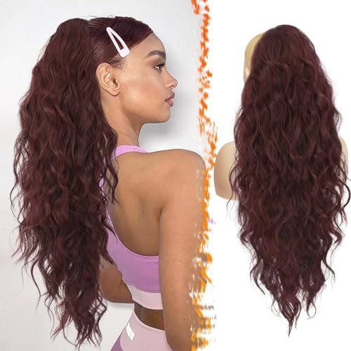 BARSDAR Coda Cavallo Capelli Extension con Coulisse, 66cm Lunga Ricci Ondulati Borgogna Coda di Cavallo Capelli Extension per Donna, Sintetici Clip in Posticci Finta Capell, Scuro Borgogna