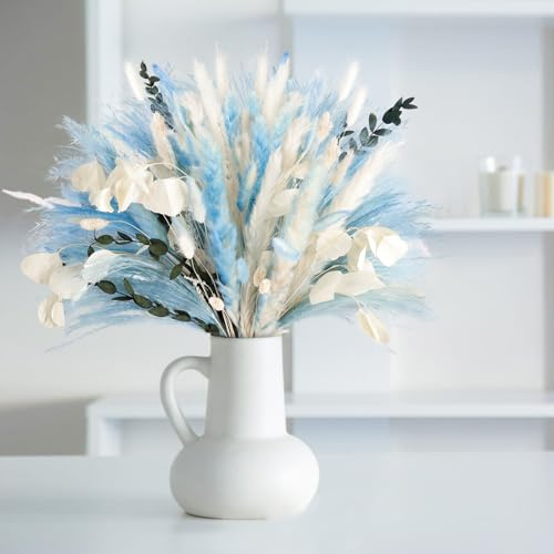 N&T NETING 101 Stück Pampasgras Deko Natur Marineblau Weiß Pampasgras Blau Schwanz Eukalyptus Apfelblätter getrocknete Blumen für Heimdekoration, Hochzeit