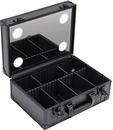 Kosmetiktasche, Schminkkoffer Leer Kosmetikkoffer Friseurkoffer Beautycase Mädchen Tragbarer Reise Make up Koffer mit USB-Steckplatz, Lichtern und Beleuchtetem Spiegel, Schwarz (35 * 25 * 15cm)