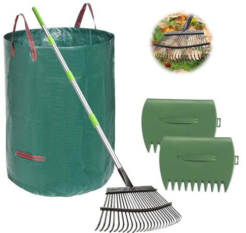 JOYHALO 65 Inch Rake for Leaves, 25 Tines Metal Leaf Rake Set with 32 Gallon Leaf Bags Scoops, Garden Rakes 18in Wide, Rakes for Gardening Lawns Yard Outdoor Camping Shrub Grass Bush