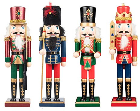 KI Store Christmas Nutcracker Set of 4 30cm Wooden Nutcracker King and Soldier Figurine Display Set for Christmas Decorations
