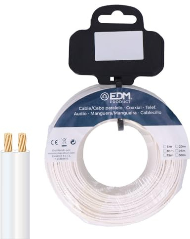 Bobina di cavo parallelo bianco, 2 vie, 5 m, ideale per collegamenti telefonici e progetti elettronici.