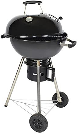 Runder BBQ Holzkohlegrill, Tragbarer Trolley Mobiler Barbecue-Grill mit Deckel und verchromtem Grillrost Edelstahl Barbecue-Grill Smoker Kugelgrill mit Rollen Hitzeanzeige, Schwarz