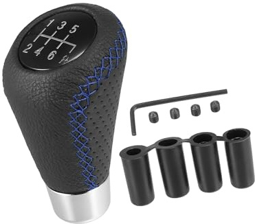 VekAuto Black 6 Speed Car Gear Shift Knob PU Leather with Hole Blue Stitches Auto Accessories