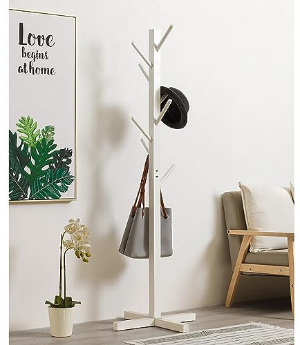 Kleiderständer aus Holz mit 8 Haken für Mäntel, Hüte, Schals und Handtaschen, freistehender Eingangs-Organizer für Zuhause und Hotel, stabile und stilvolle Garderobe, Weiß