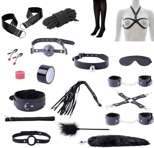 YZPNBW 18 Stück SM Bondage Set Bondageset Extrem Sex BDSM Fesseln Paare Erotikspielzeug BDSM Sexspielzeug mit Handschellen für Anfänger und Erfahr Choker Nippelklemmen Augenmaske Peitsche Knebel